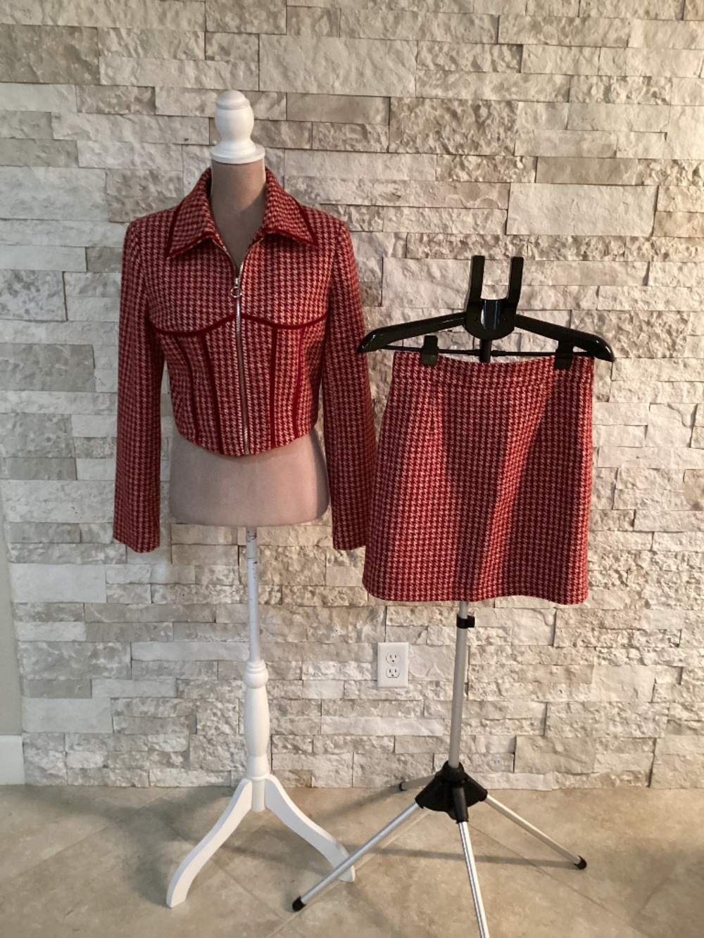Urban Revivo Red Houndstooth Corset Crop Jacket & Skirt Set Tweed Co-Ord US 6